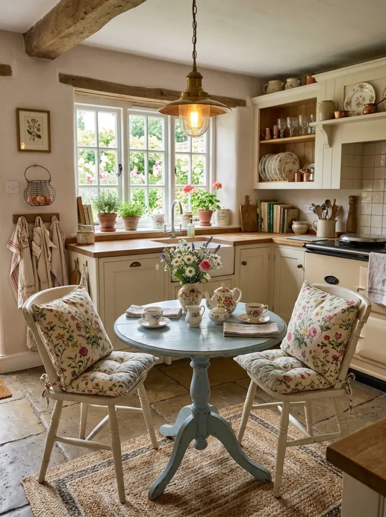 Cottage farmhouse kitchen with a painted small round table, floral cushions, and vintage-inspired decor.