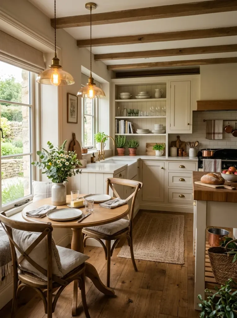 Finished farmhouse kitchen featuring a beautifully styled small round table with warm rustic lighting.