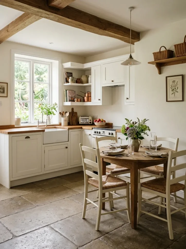 Compact farmhouse kitchen featuring a small round table with chairs and open walking space in a bright interior.