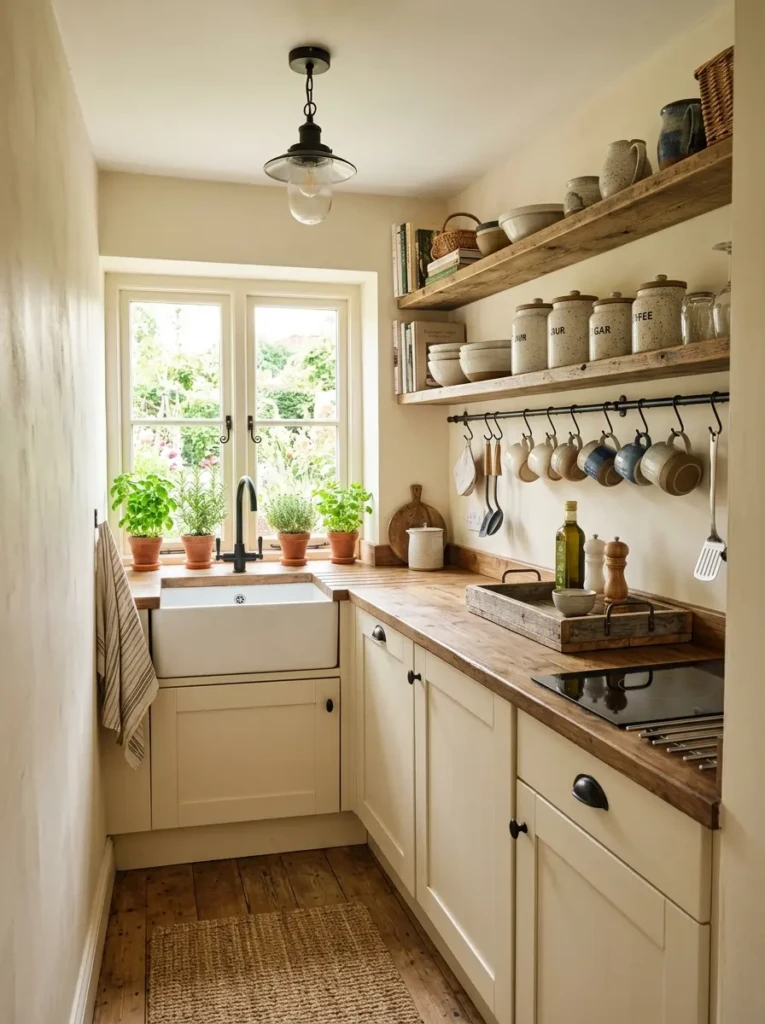 A bright small farmhouse kitchen featuring cream walls, black hardware, hanging mugs, herbs, and rustic countertop accessories.