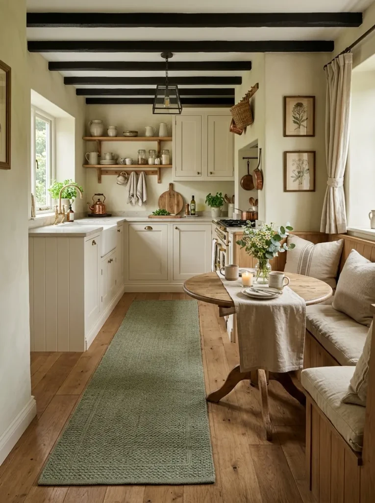 Small farmhouse kitchen with a sage green runner, beige linens, and soft cushioned seating.