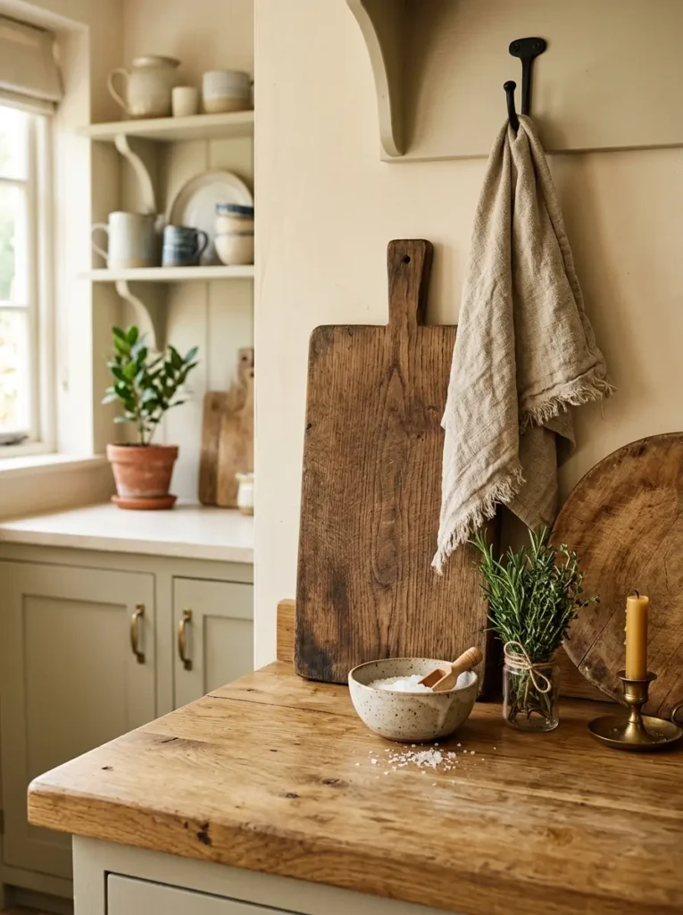 Close-up of oak countertops, wooden cutting boards, and neutral linen styling in a cozy farmhouse kitchen.
