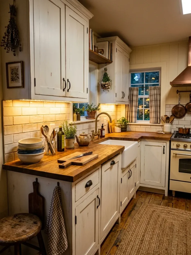 Warm under-cabinet lighting highlights the backsplash and wooden counters in a compact farmhouse kitchen.