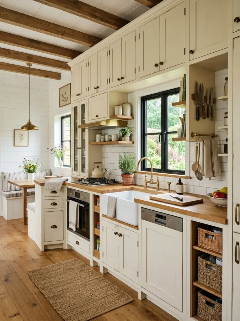 Tiny farmhouse kitchen with ceiling-height cream cabinets, brass pulls, and smart vertical storage for small spaces.
