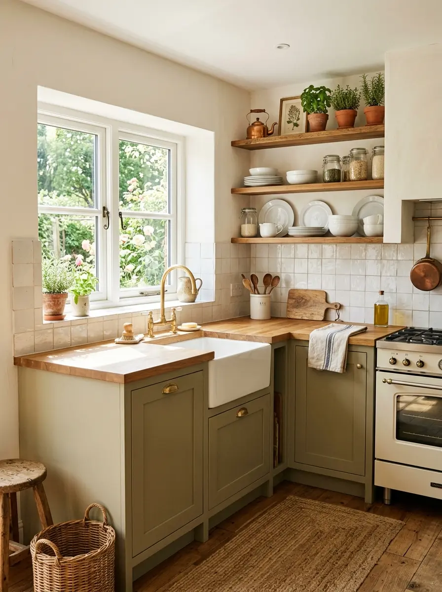 Elegant small farmhouse kitchen with open wood shelves, apron sink, white tile backsplash, and warm natural lighting.