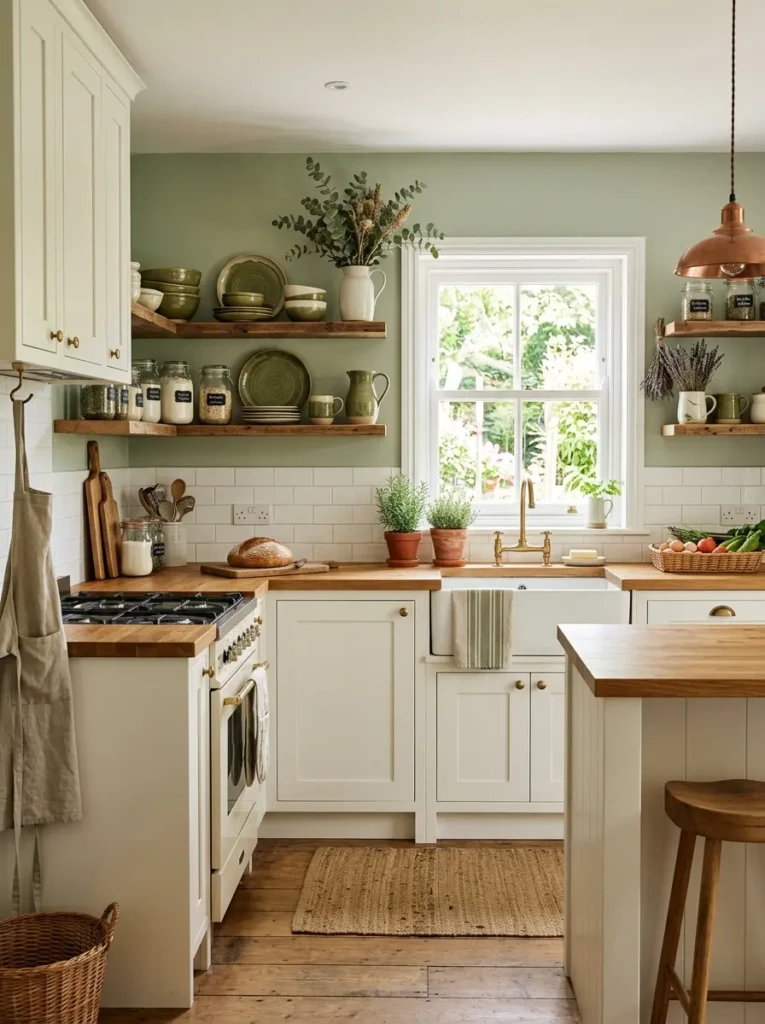 White farmhouse kitchen with sage accents, olive pottery, eucalyptus stems, and warm wood shelves.