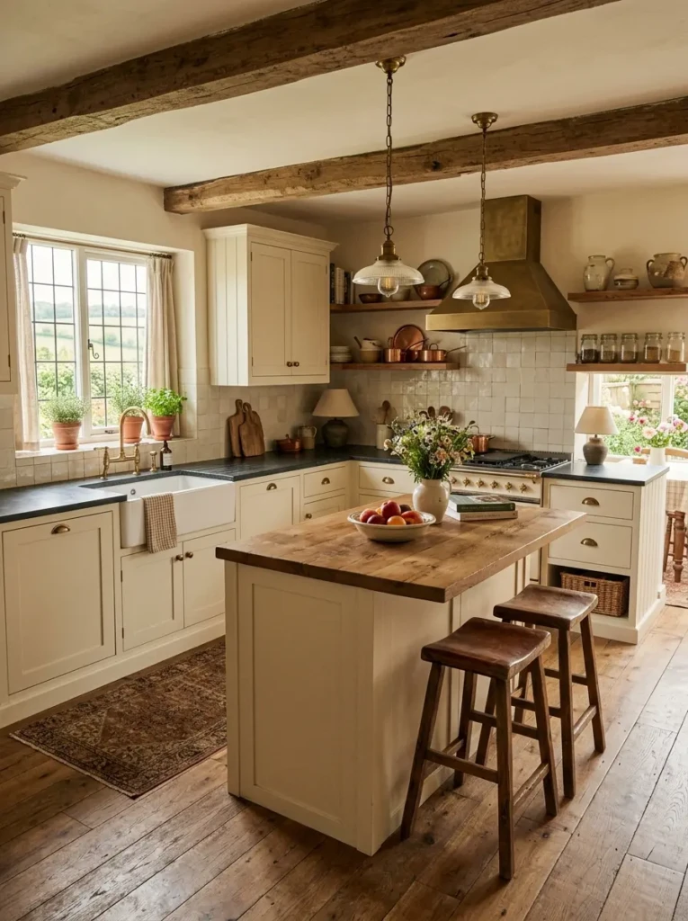 A complete small farmhouse kitchen with layered textures, cream cabinets, reclaimed wood, and brass accents.