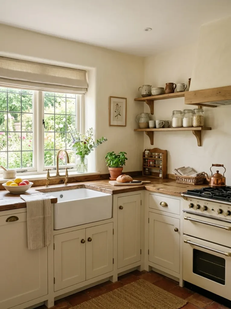 Tiny farmhouse kitchen featuring soft ivory shaker cabinets, rustic wood countertops, and bright natural daylight.