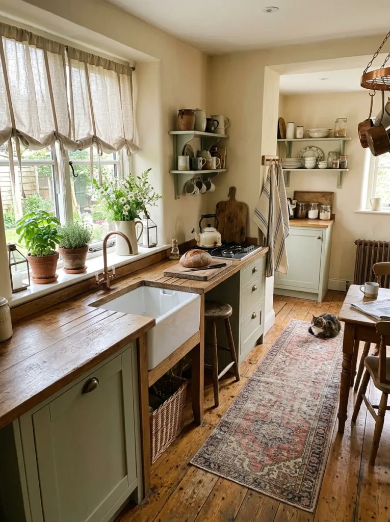 Small farmhouse kitchen with linen café curtains, striped towels, vintage rug, and warm wood floors.