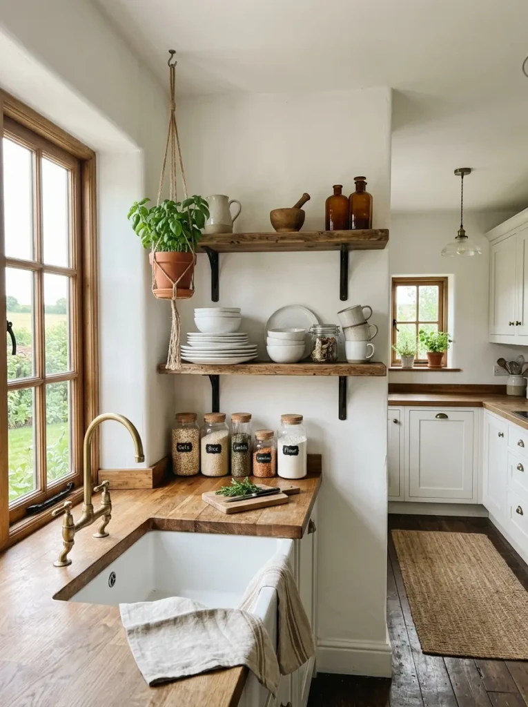 Reclaimed wood open shelves styled with white dishes, jars, and herbs in a small kitchen.