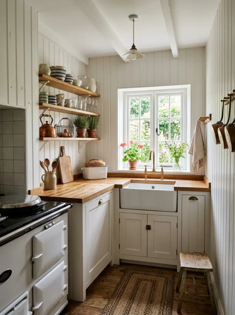 Small farmhouse kitchen featuring white beadboard wall texture and soft natural light.
