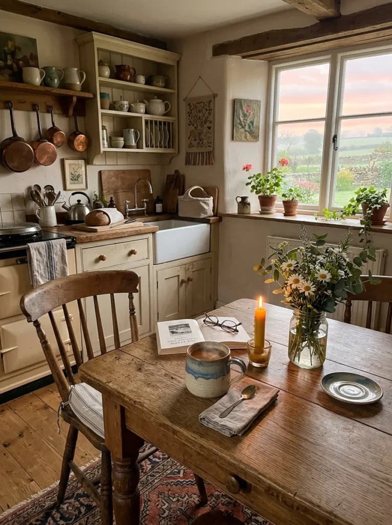 A warm inviting farmhouse kitchen with a coffee mug, candlelight, and soft morning glow creating effortless charm.