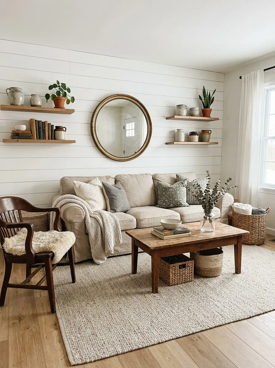 Elegant modern farmhouse living room with fireplace, warm neutrals, rustic wood, white seating, and cozy textures.