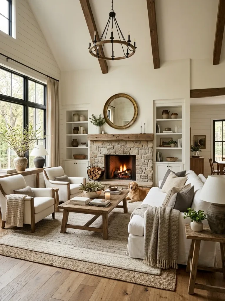 Elegant modern farmhouse living room with fireplace, warm neutrals, rustic wood, white seating, and cozy textures.