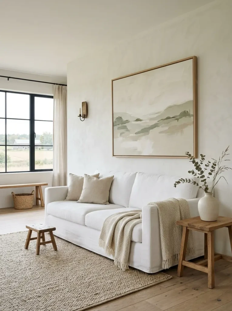 Minimalist farmhouse living room decor with white sofa, ceramic vase, oversized wall art, and oak table.