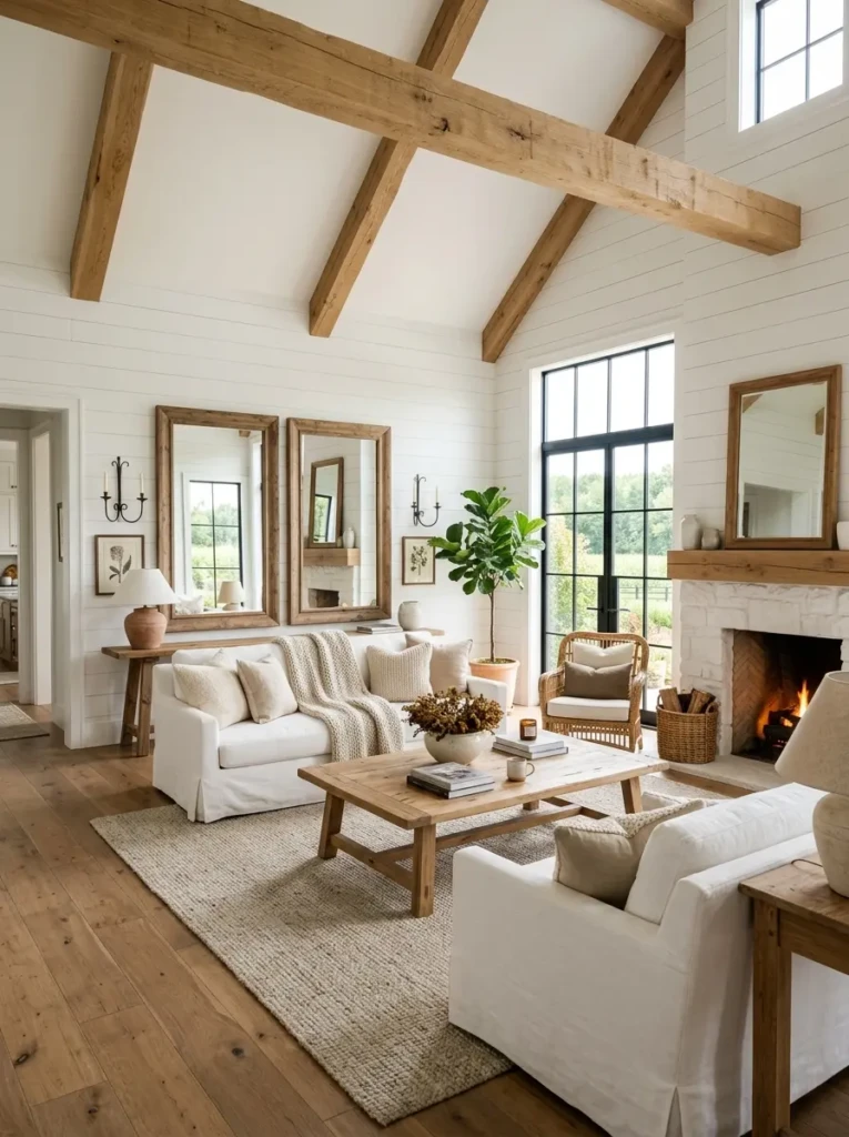 White and wood farmhouse living room with crisp white sofa, oak table, neutral rug, and natural light.