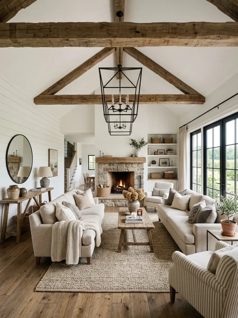 Farmhouse living room with white shiplap wall, exposed wood beams, vaulted ceiling, and neutral seating.
