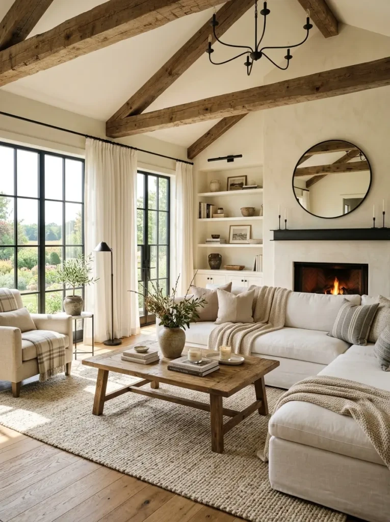 Bright modern farmhouse living room with white sofa, rustic oak coffee table, beige rug, and warm neutral decor accents.