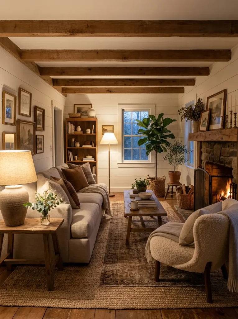 Cozy farmhouse living room layered with wool rug, boucle chair, ceramic lamps, greenery, and warm wood furniture.
