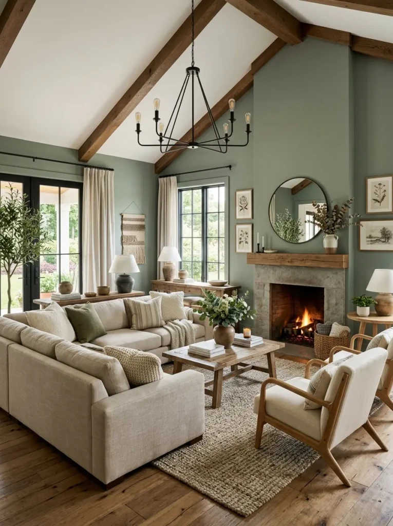 Modern farmhouse living room featuring muted green walls, beige sofa, rustic wood furniture, and black metal lighting in a calm natural palette.