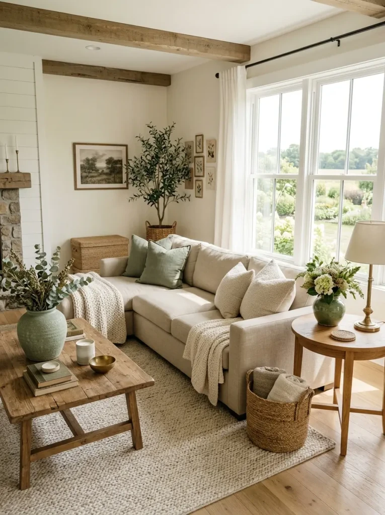 Beige farmhouse living room with cream rug, sage pillows, oak side table, and green ceramic accents styled in soft natural light.