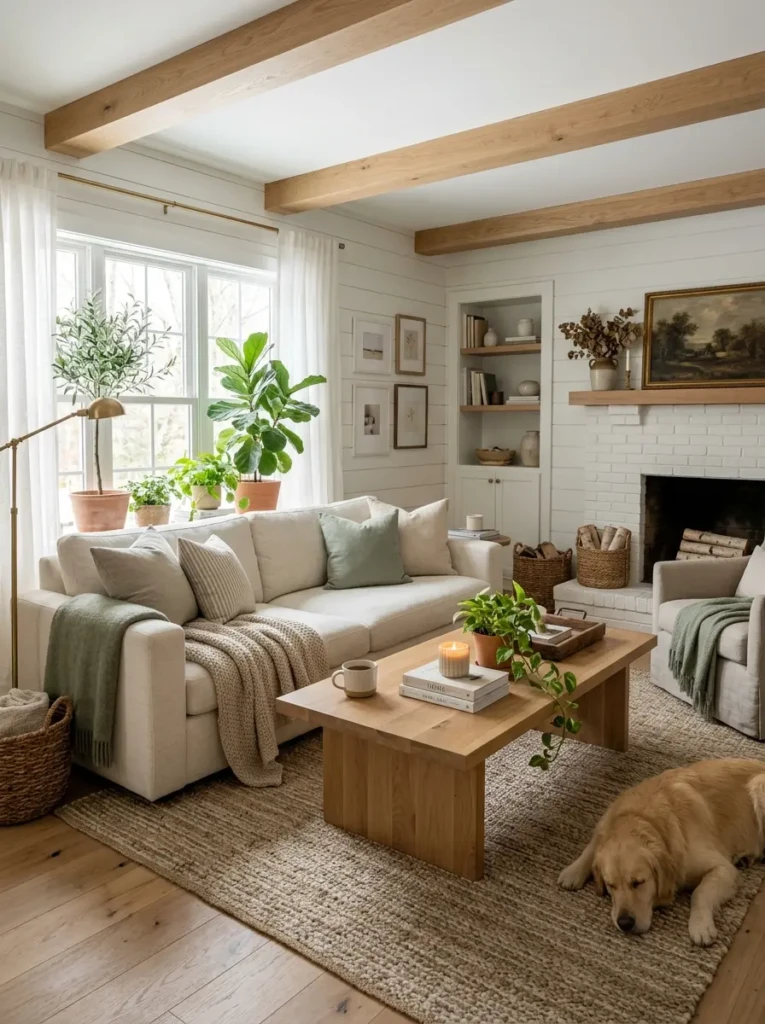 A serene modern farmhouse living room with sage green accents, cream sofa, oak coffee table, white shiplap walls, and layered cozy textiles in natural daylight.