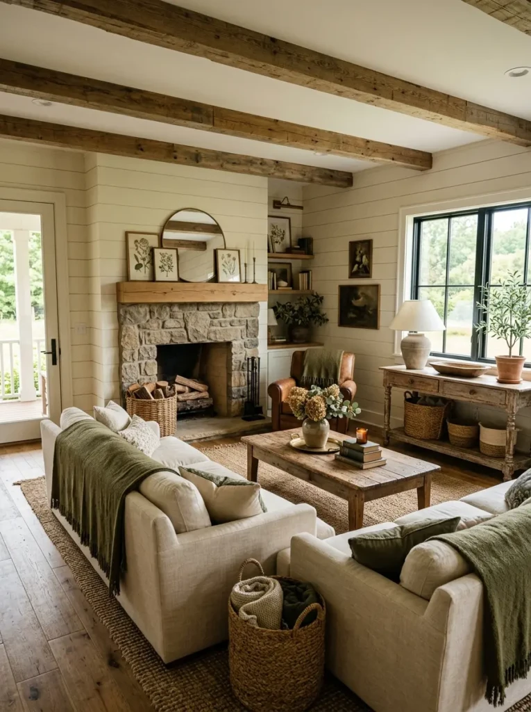 Cozy rustic farmhouse living room with reclaimed wood coffee table, olive green throws, woven baskets, jute rug, and cream seating.
