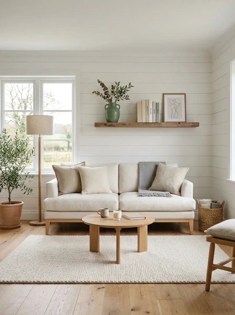 Minimalist farmhouse living room with cream sofa, oak shelf, single green vase, neutral books, and a clean uncluttered design.