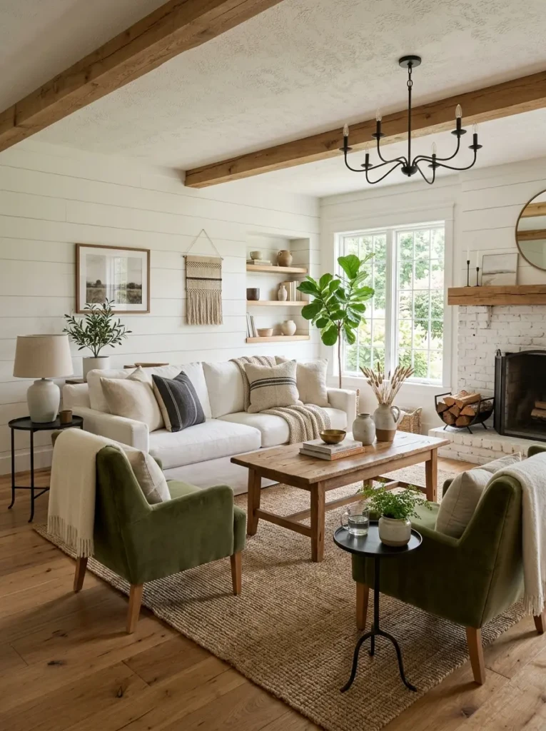 White and wood farmhouse living room with oak table, slipcovered sofa, green accent chairs, and black iron side tables.
