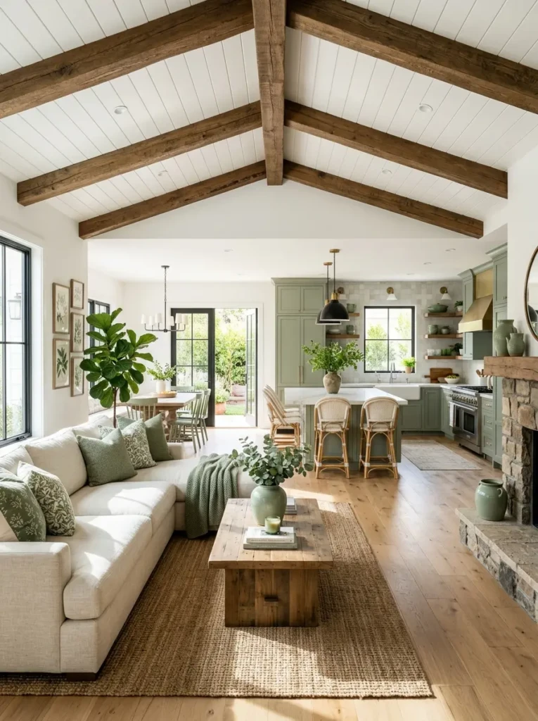 Spacious modern farmhouse open concept living room with sage accents, wood beams, sectional sofa, and seamless kitchen flow.