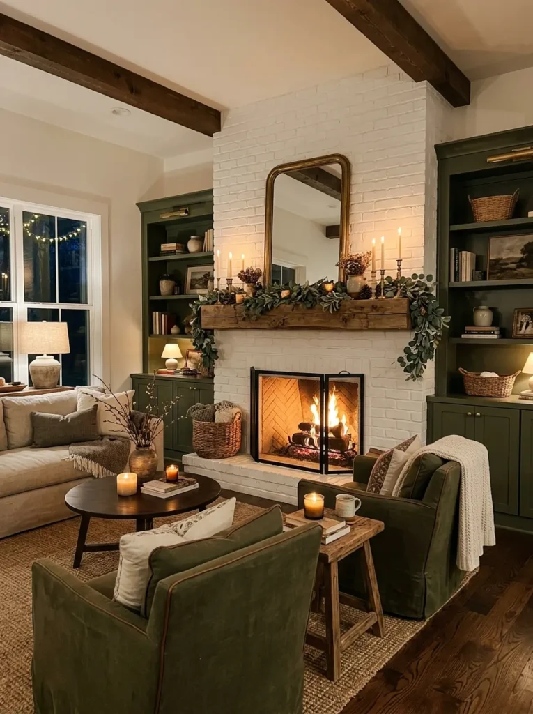 Modern farmhouse living room with white fireplace, green built-in shelves, olive chairs, eucalyptus mantel decor, and warm candlelight.