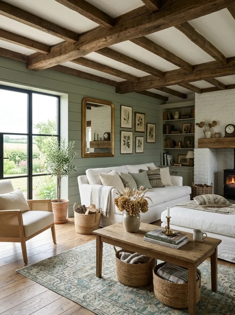 Farmhouse living room with sage green shiplap wall, exposed wood ceiling beams, white sofa, and warm rustic decor.