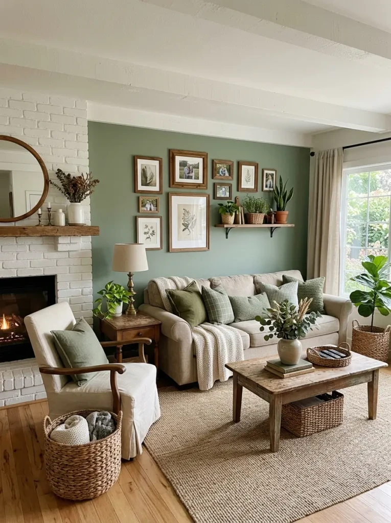 Affordable farmhouse living room makeover with sage accent wall, thrifted wood frames, green cushions, and woven baskets.