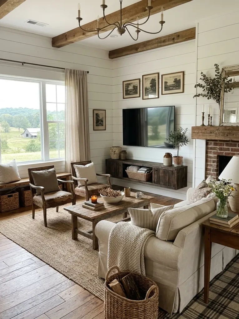 Farmhouse rustic living room with shiplap wall, distressed wood furniture, slipcovered sofa, and styled TV console.