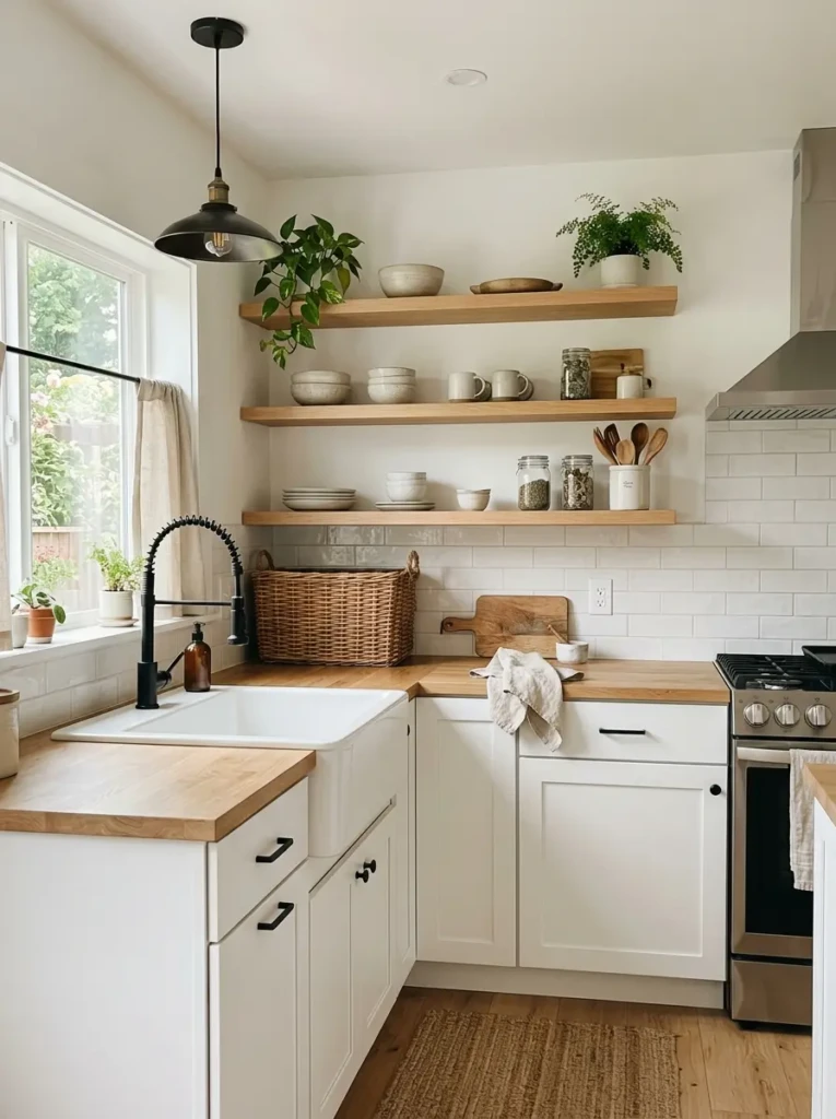 Compact farmhouse-modern kitchen with neutral colors, floating wood shelves, and bright open design.