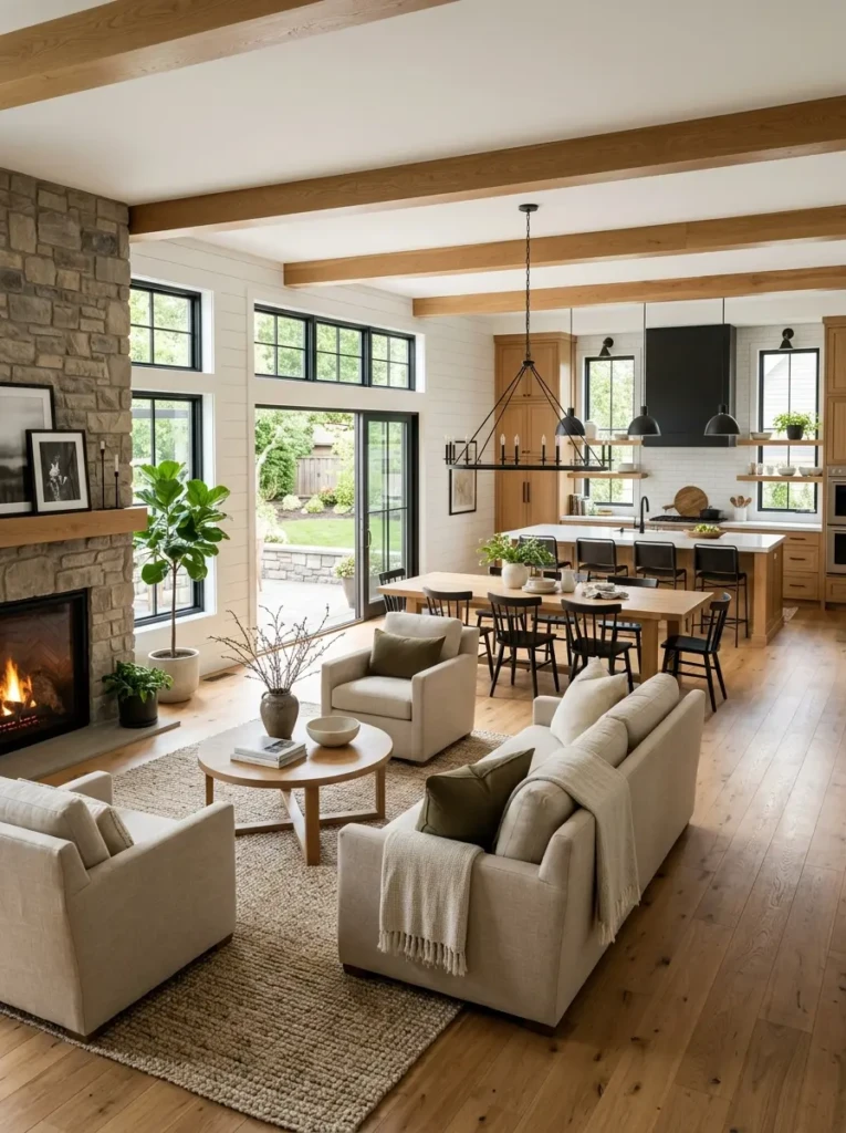 Open concept modern farmhouse living room with neutral seating, oak finishes, and connected kitchen space.