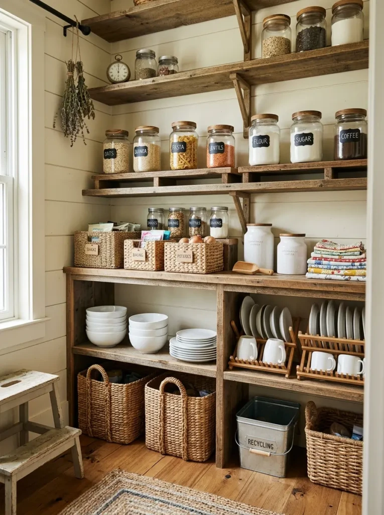 Glass jars, woven baskets, and white dishes neatly arranged on farmhouse pantry shelves.
