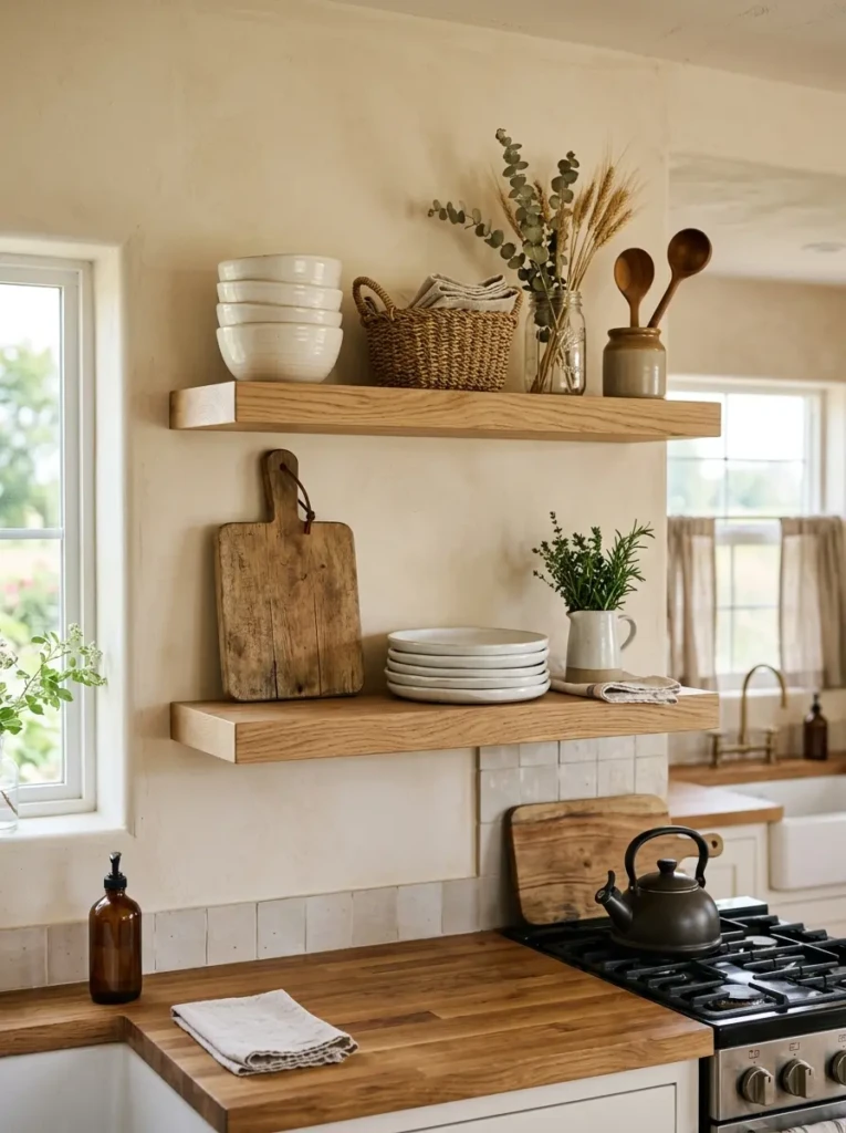 Oak floating shelves in a tiny farmhouse kitchen styled with baskets, cutting boards, and neatly arranged dishes.