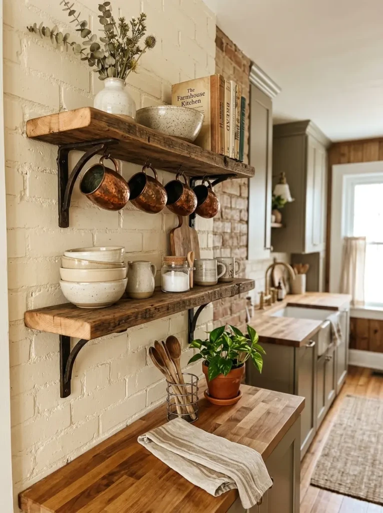 Rustic wood floating shelves with copper mugs and woven baskets add practical storage and airy charm to a small farmhouse galley kitchen.