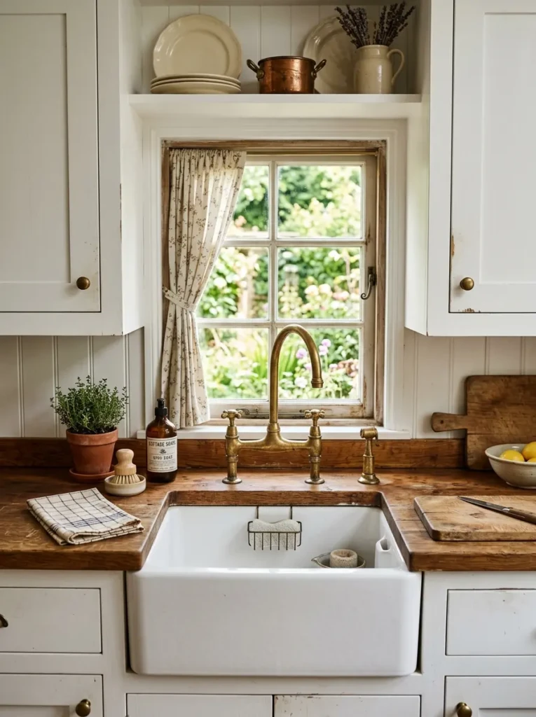 A close-up of a narrow apron-front sink with brass faucet in a cottage farmhouse kitchen.
