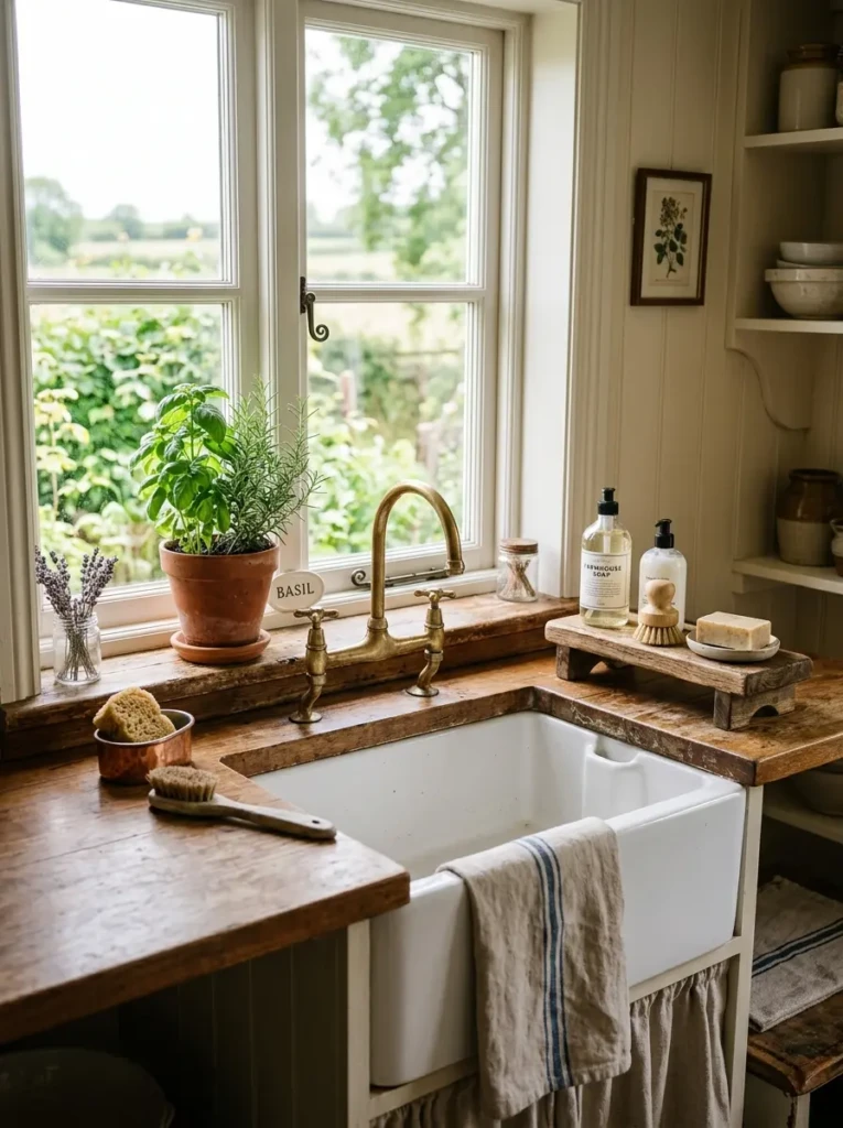 A white apron-front sink with soap riser, striped towel, and fresh herbs in a farmhouse kitchen.