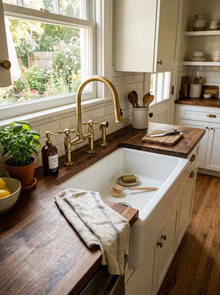 Close-up of a deep farmhouse sink with butcher block counters and white backsplash in a practical small galley kitchen.