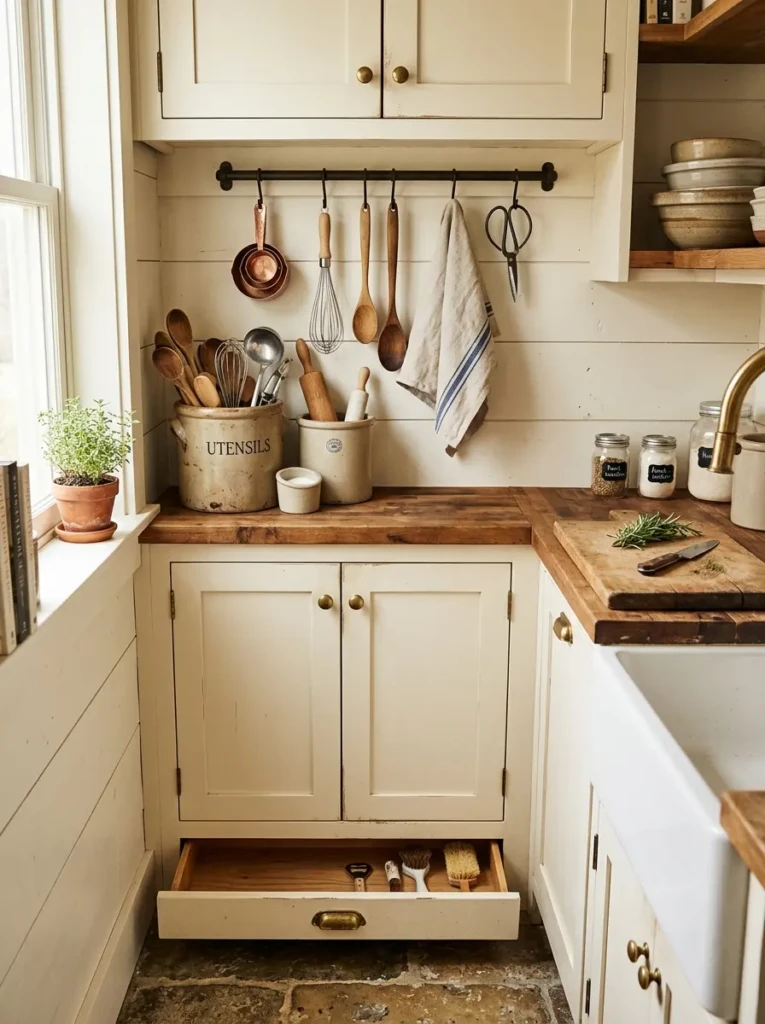 Toe-kick drawers, antique crocks, and hanging storage create a practical clutter-free farmhouse galley kitchen.