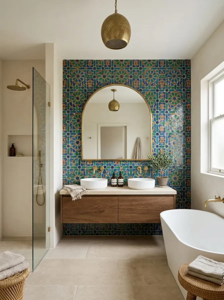 Moroccan tile feature wall paired with neutral surroundings in a small bathroom