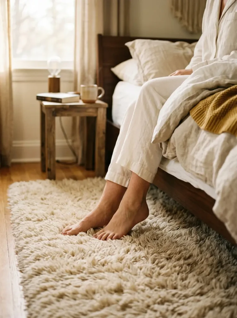 Feet touching a soft rug beside the bed in a cozy modern bedroom with gentle morning light