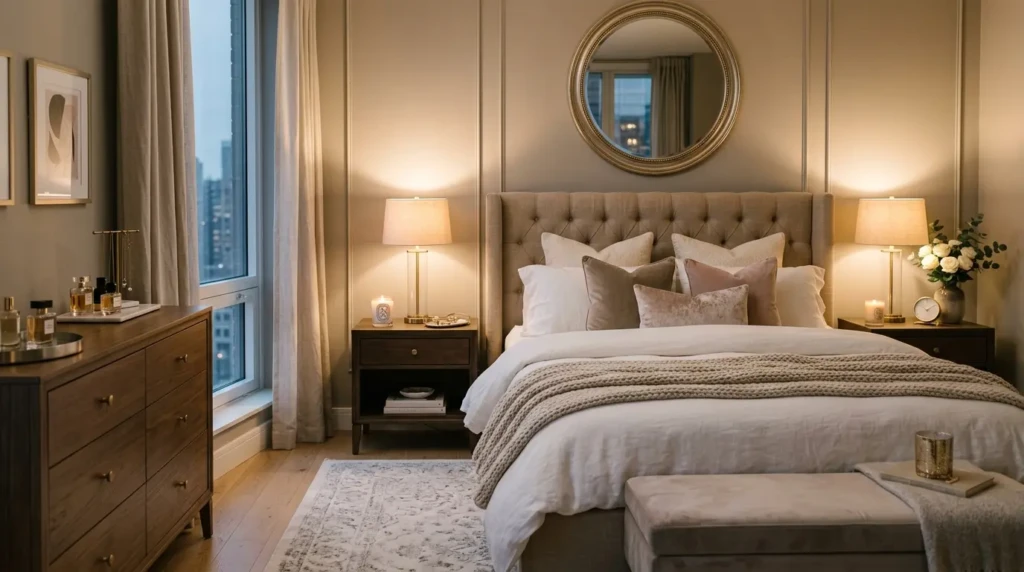 Feminine bedroom featuring plush fabrics, upholstered headboard, mirror, candles, and warm neutral colors.