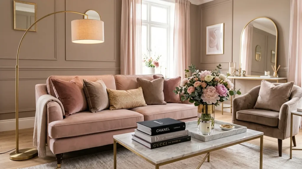 Feminine living room styling with velvet cushions, stacked fashion books, marble trays, floral decor, and soft blush tones.