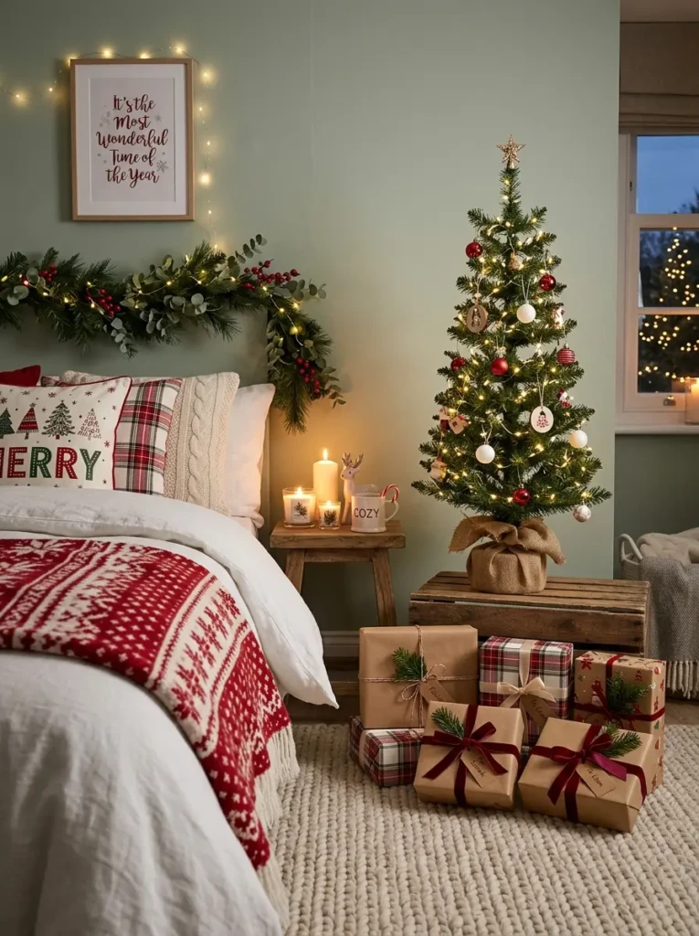 A festive bedroom corner decorated with a mini Christmas tree, gift boxes, string lights, and cozy blankets.