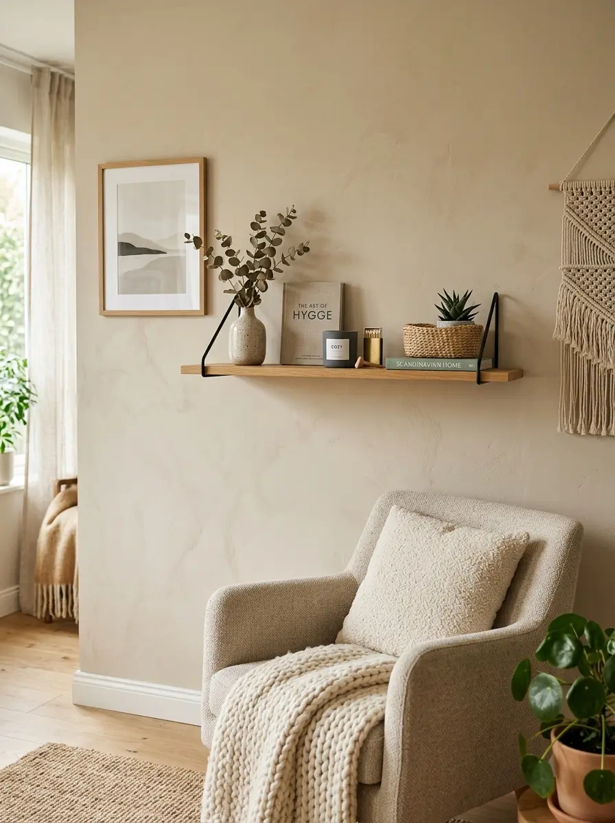 Elegant single floating shelf decor creating a warm Scandinavian-inspired room atmosphere.
