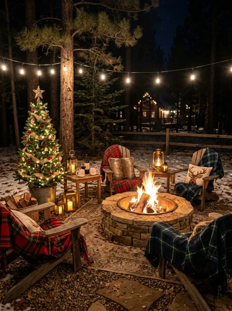 Outdoor seating area styled with plaid blankets, lanterns, and Christmas accents near a fire pit